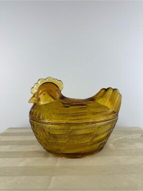Amber Glass Hen on the Nest Candy Dish - Decorative Covered Bowl